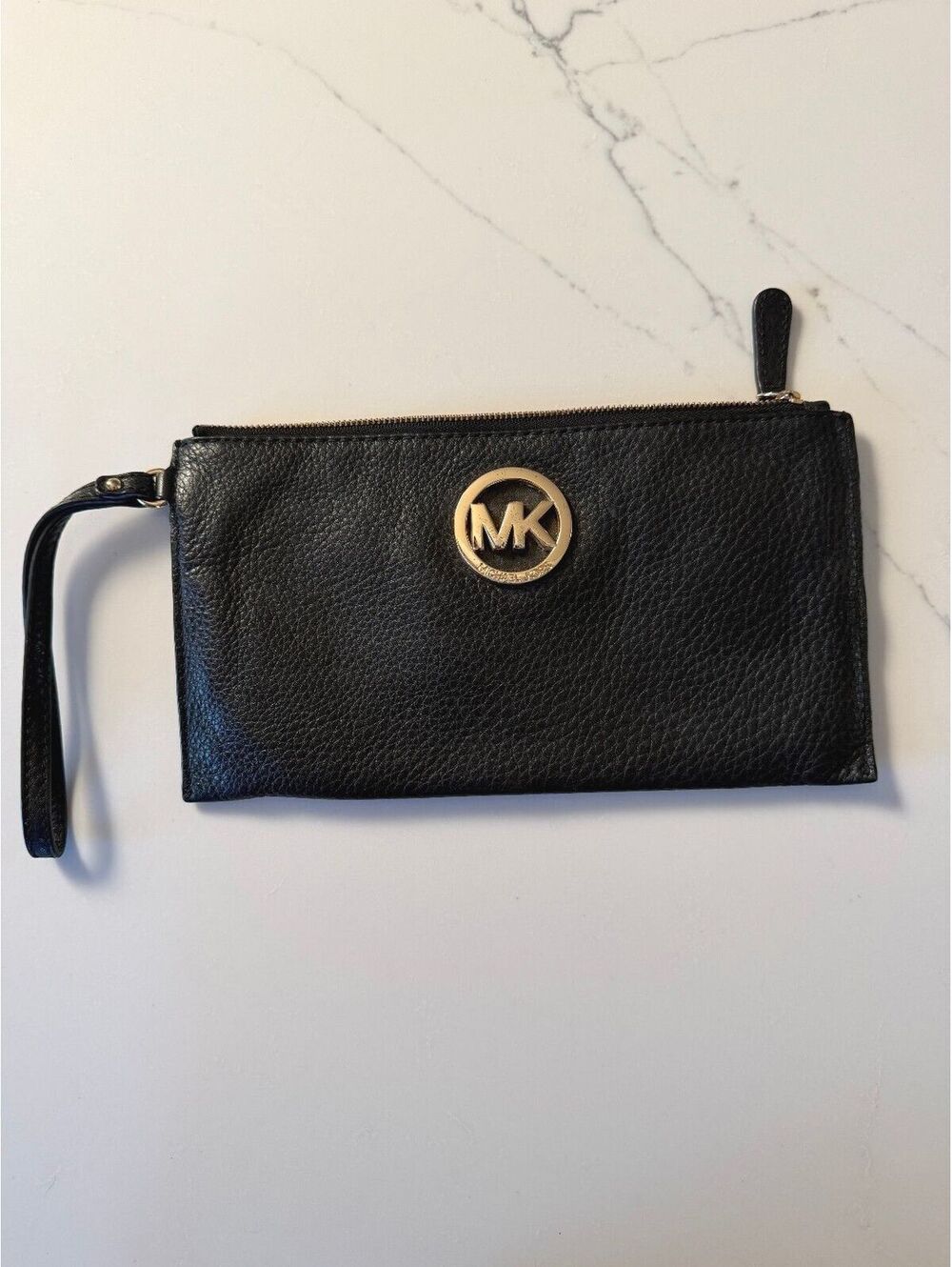 Michael Kors Black Leather Wristlet Clutch with Gold Logo